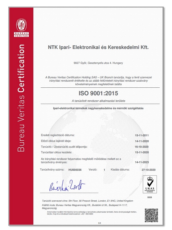 Minőségtanúsítvány ISO9001:2008