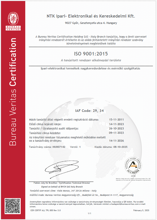 Minőségtanúsítvány ISO9001:2015